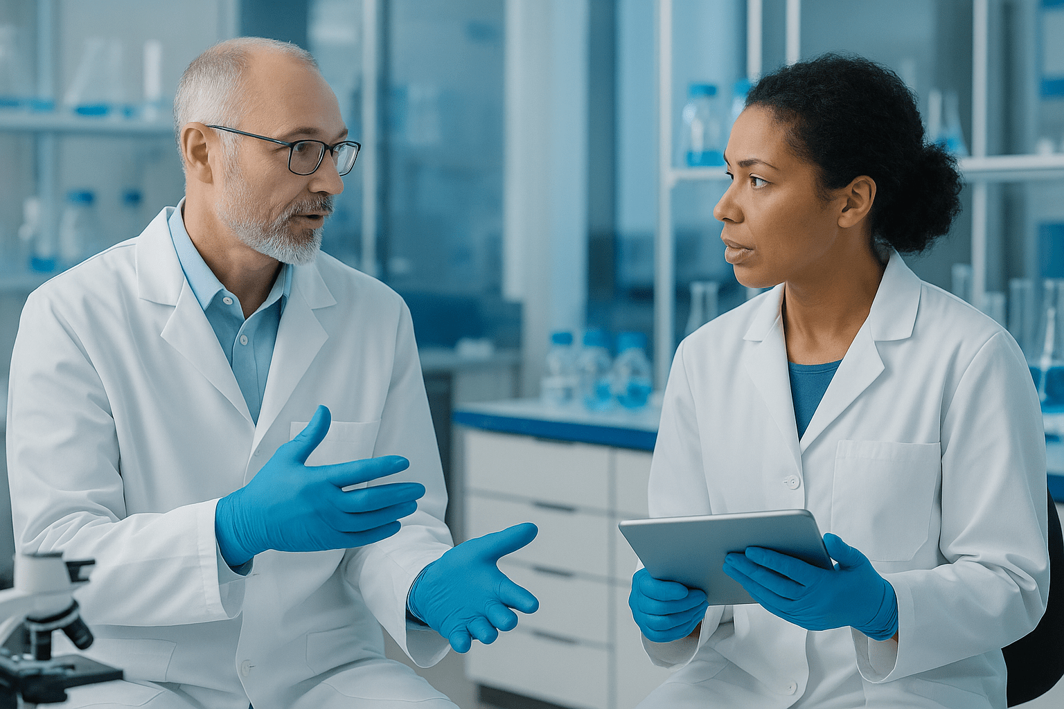 Two scientists wearing lab coats and gloves discussing research data in a modern laboratory setting