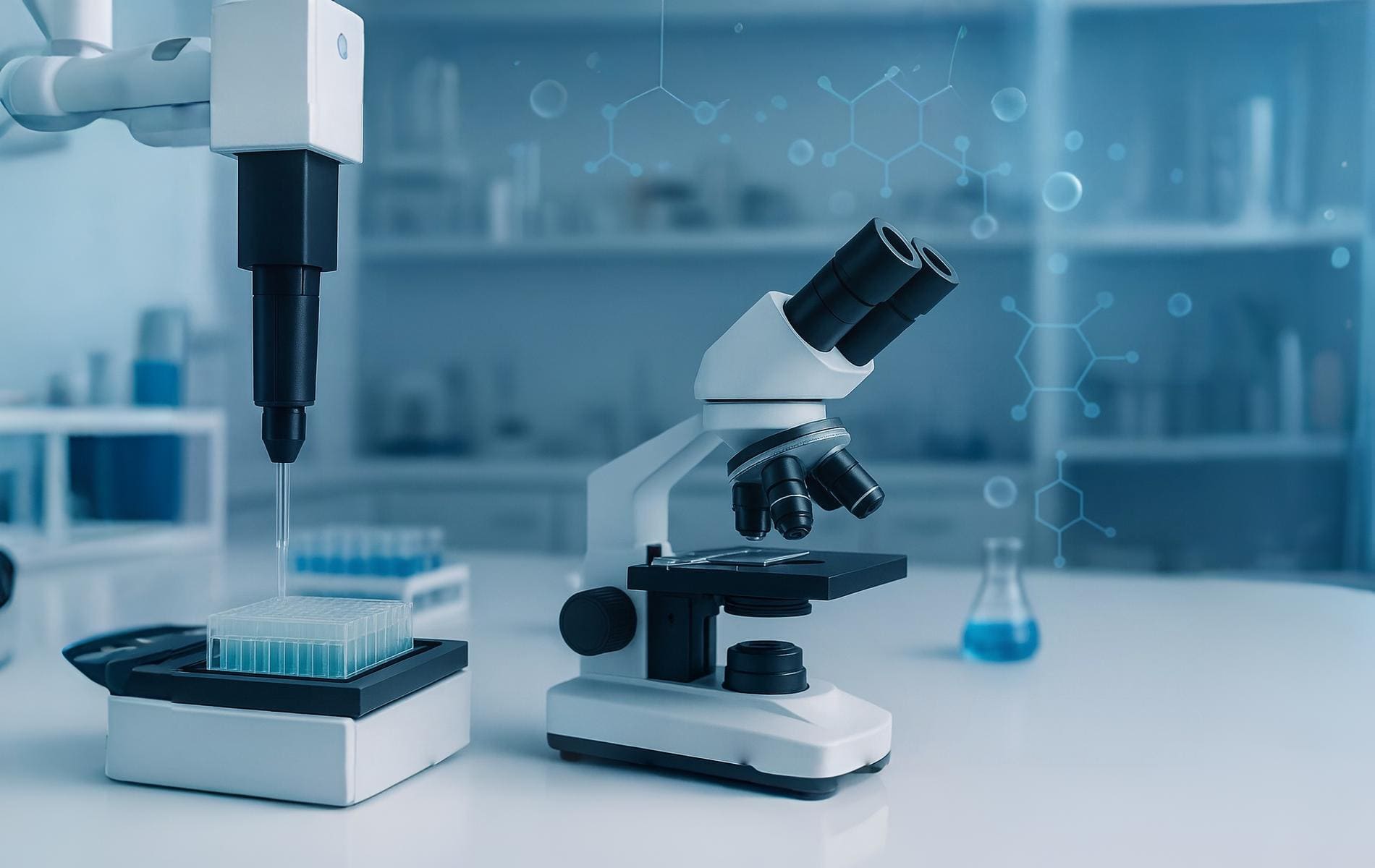 Modern laboratory with a microscope and automated pipetting system for scientific analysis.